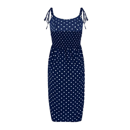 Polka Dot Sleeveless High Pleated elastic waist V-Neck  Dress