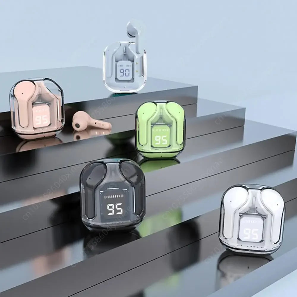 Bluetooth-Compatible Noise Canceling Translucent Earphones with Digital Display Charging Case