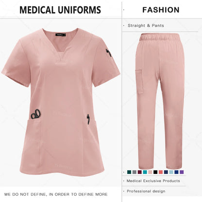 Anti-Wrinkle  Washable Medical Scrubs Sets Blouse Pockets Straight Pants
