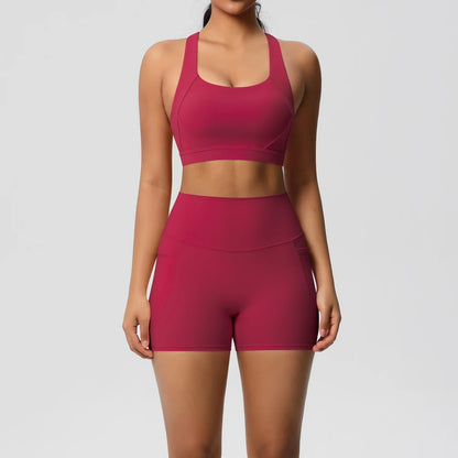 2PCS With Pocketed Set Gym Sports Shorts Crossover Bra Gym Leggings