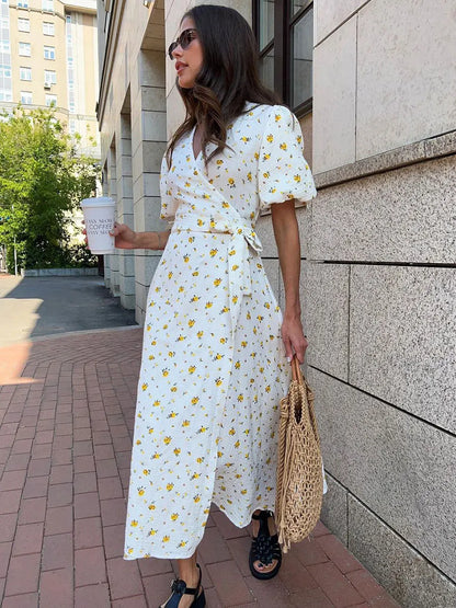 Casual Floral Printed Cotton Dress V-neck Short Sleeve Tunics Lace-up