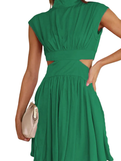 Summer Casual Dress Stand Collar  Cutout Pleated