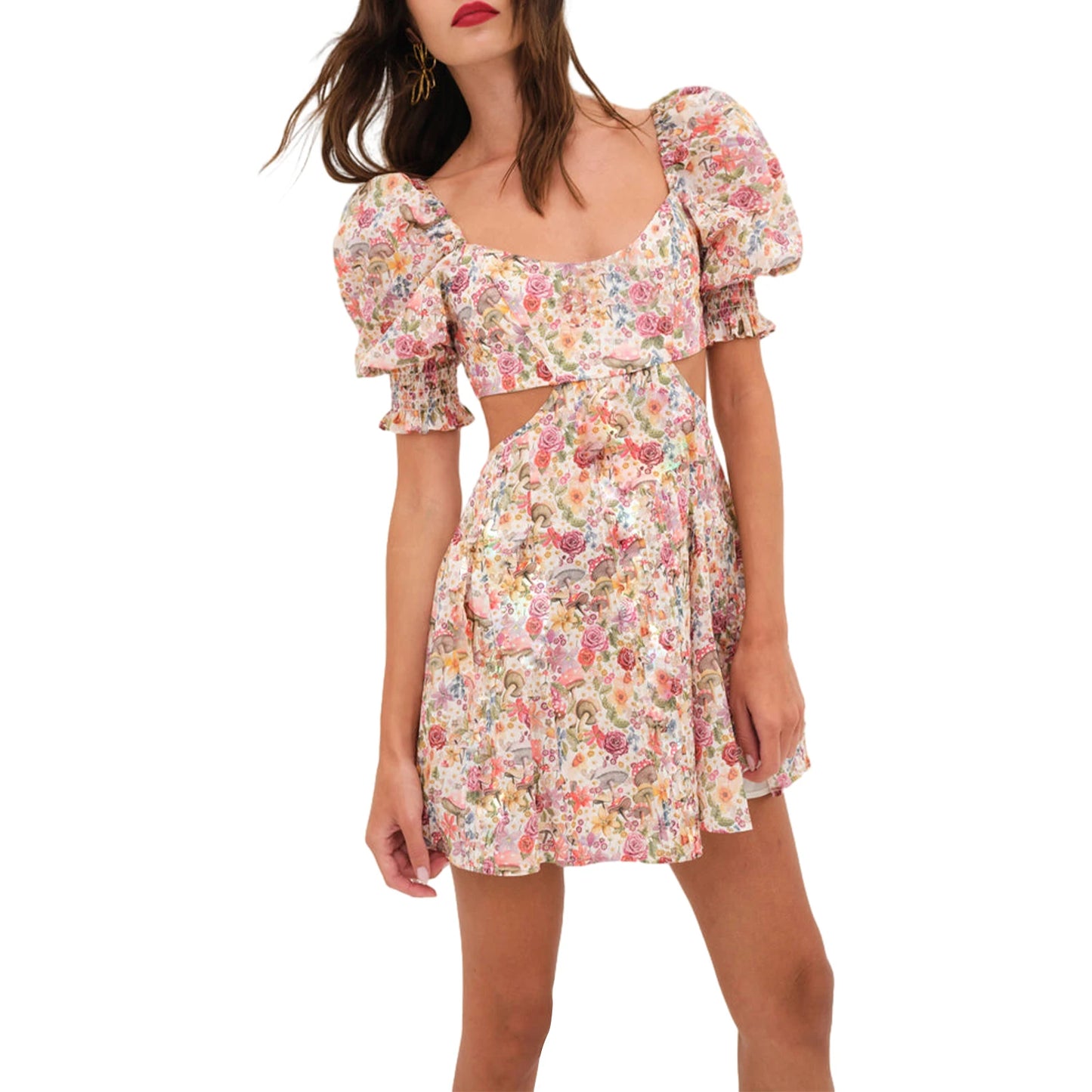 Floral Print Dress Short Puff  Square Neck Cutout Waist  Mini A-Line Dress