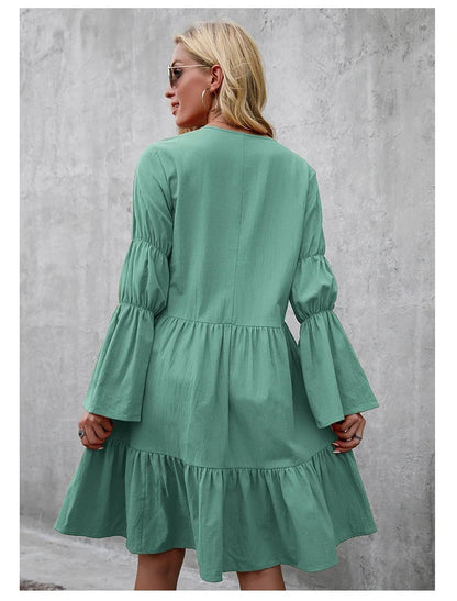 Casual Long Sleeve Dresses V Neck Loose Flowing Dress