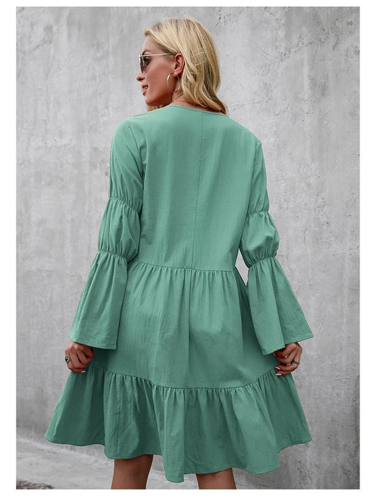 Casual Long Sleeve Dresses V Neck Loose Flowing Dress