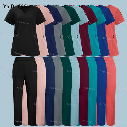 Anti-Wrinkle  Washable Medical Scrubs Sets Blouse Pockets Straight Pants