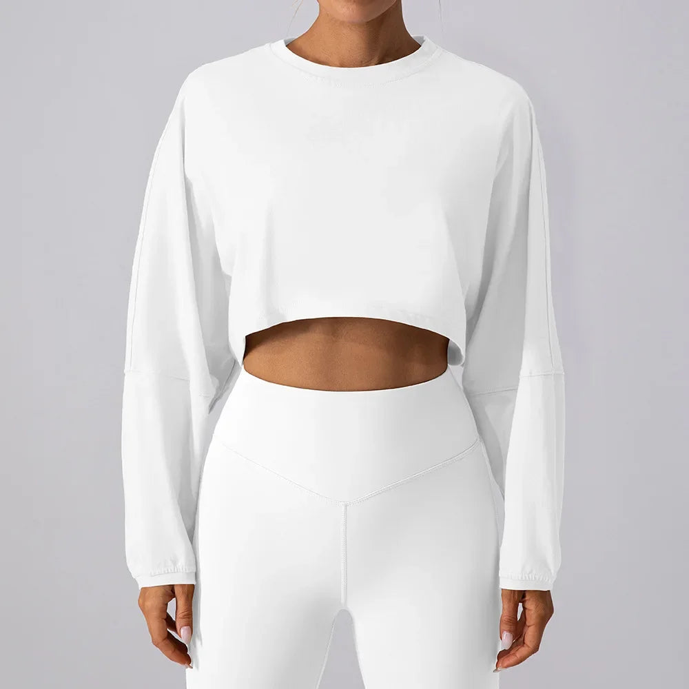 Women Sports Crop Top Long Sleeve T-Shirts Yoga Loose Tops
