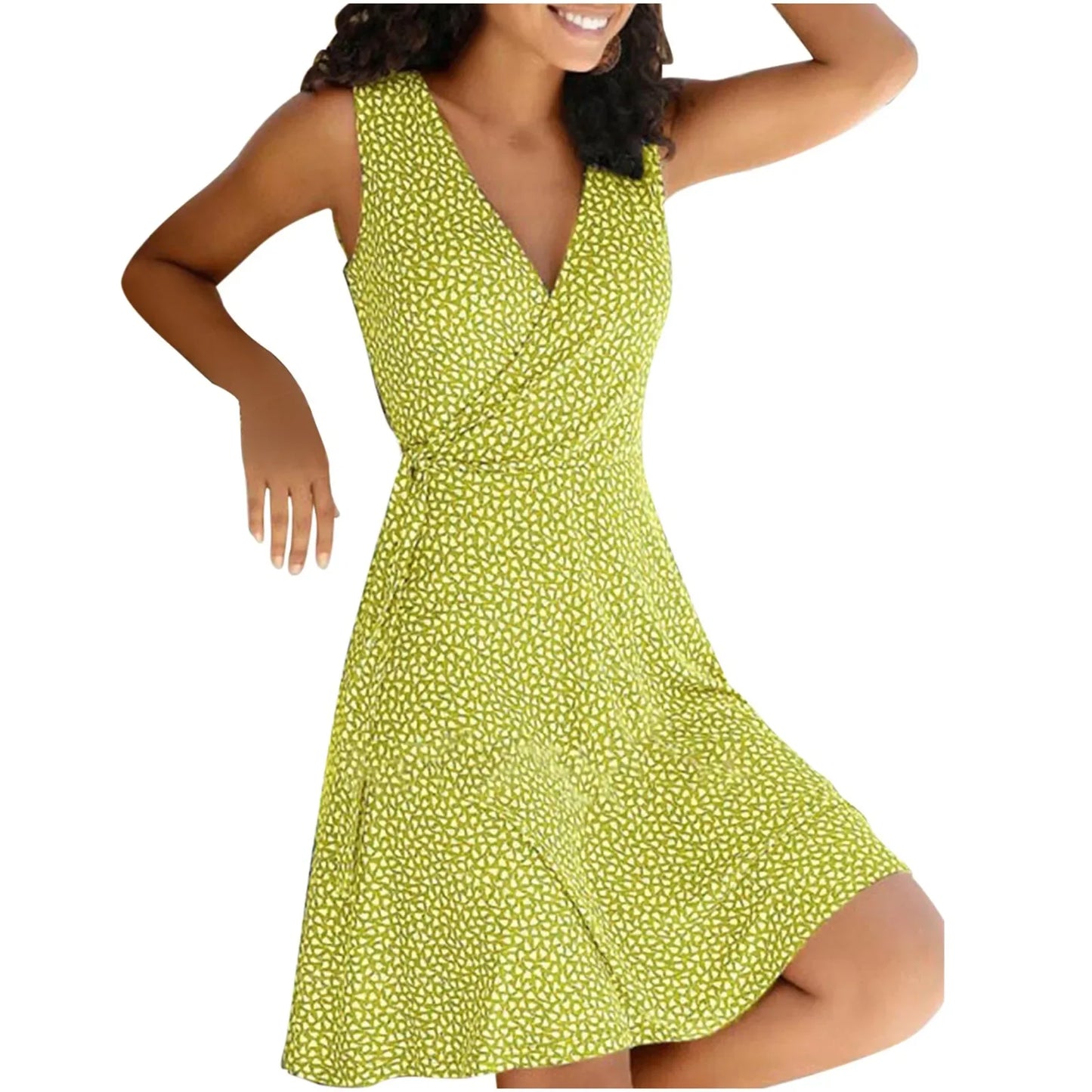 Casual Plus Size Floral Wrap V Neck Midi Dress A Line Swing Cap Sleeve