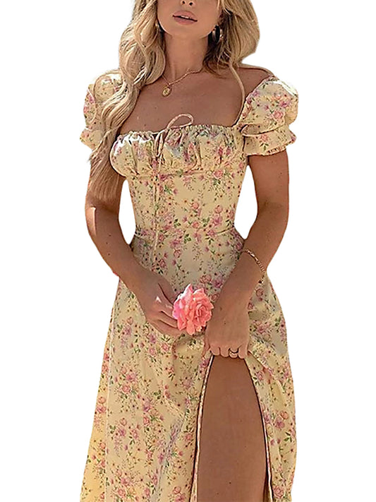 Maxi Dress with Puff Sleeves Lace-Up Detail Floral Print and High Side Split for a Stylish Look