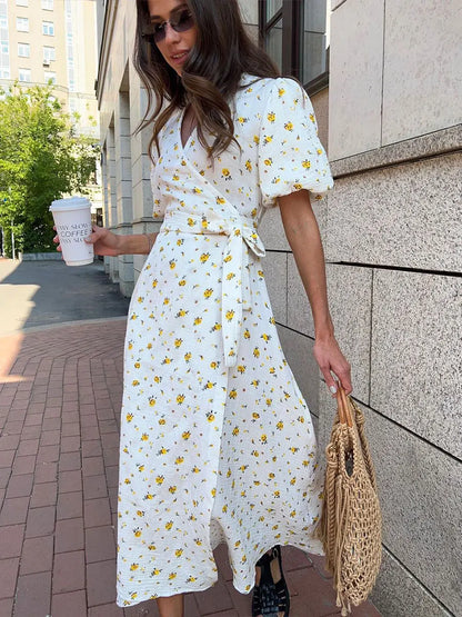 Casual Floral Printed Cotton Dress V-neck Short Sleeve Tunics Lace-up