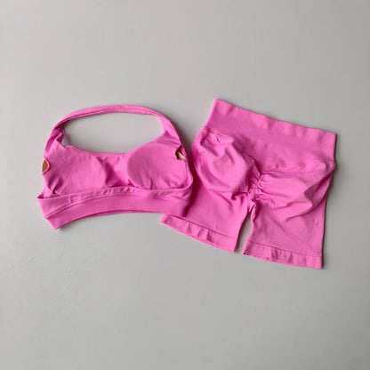 2 Pieces Yoga Suit Halter Sports Bra Matching Impact Shorts