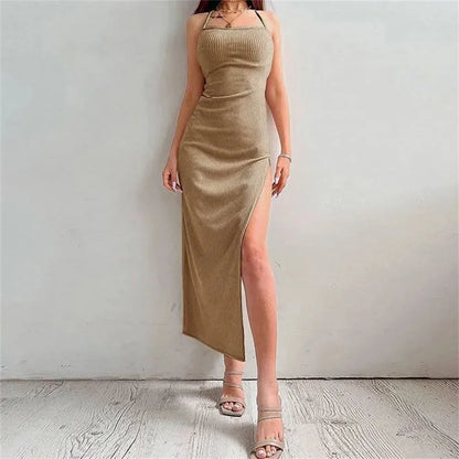 Sexy  Sleeveless Backless Halter Neck Spaghetti Strap Dresses High Split