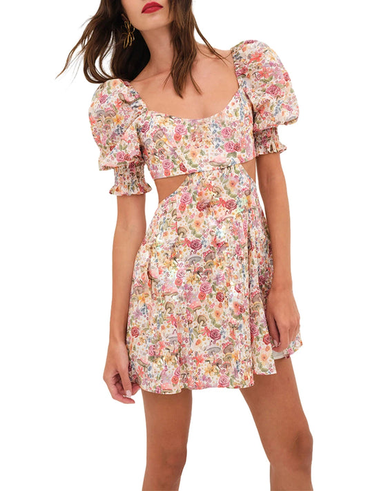 Floral Print Dress Short Puff  Square Neck Cutout Waist  Mini A-Line Dress