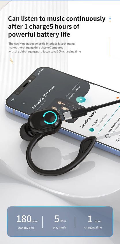 Wireless Bluetooth Earphones HIFI Bass With HD MIC Ear-Hook Earbuds Noise Cancelling Life Waterproof