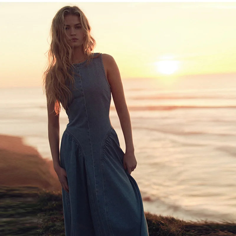 Casual Round Neck Lace Up Backless Denim Dress Sleeveless High Waist Loose Zipper