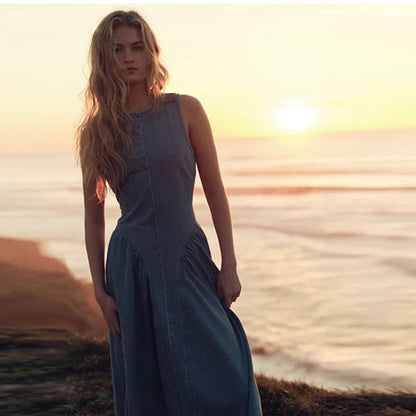 Casual Round Neck Lace Up Backless Denim Dress Sleeveless High Waist Loose Zipper