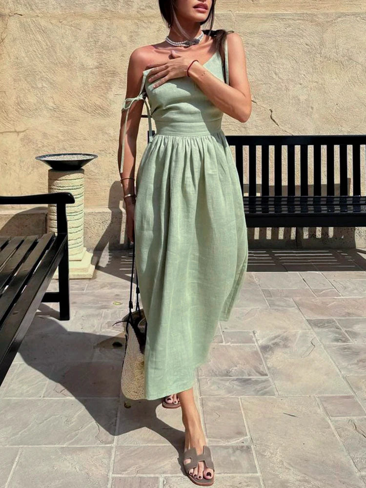 Casual Solid Color Long Dresses Sexy  Backless Party Pleated Dress