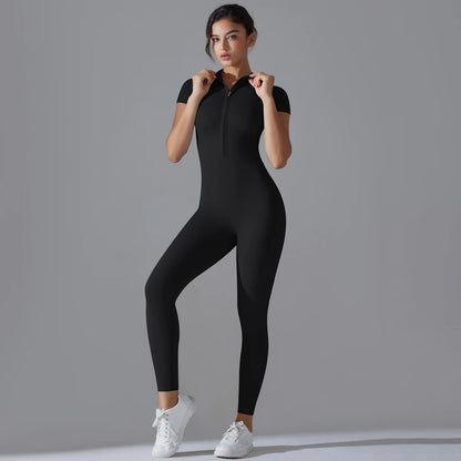 Yoga Set  Jumpsuits One-Piece Suit Zipper Short Sleeve