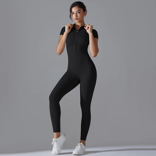 Yoga Set  Jumpsuits One-Piece Suit Zipper Short Sleeve