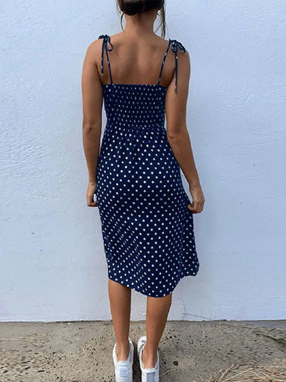 Polka Dot Sleeveless High Pleated elastic waist V-Neck  Dress