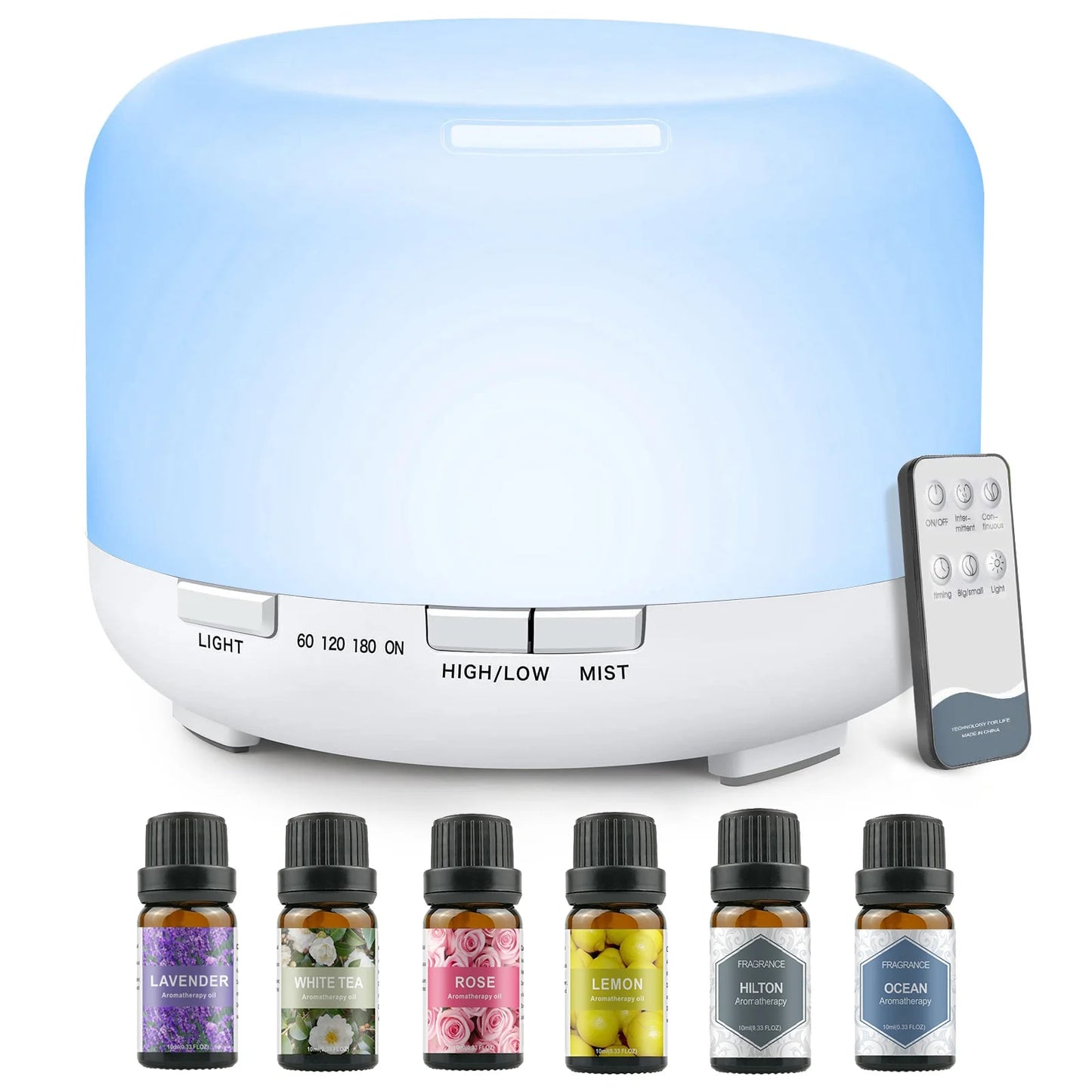 500ML Aromatherapy Oil Diffuser, with 6 Bottle 10ML Essential Oil Set (Lavender/Rose/Jasmine/Lemon/Hilton/Ocean)