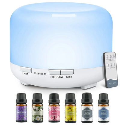 500ML Aromatherapy Oil Diffuser, with 6 Bottle 10ML Essential Oil Set (Lavender/Rose/Jasmine/Lemon/Hilton/Ocean)