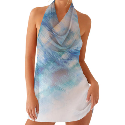 Elegant Floral Print Sleeveless Halter Neck Mini Dress