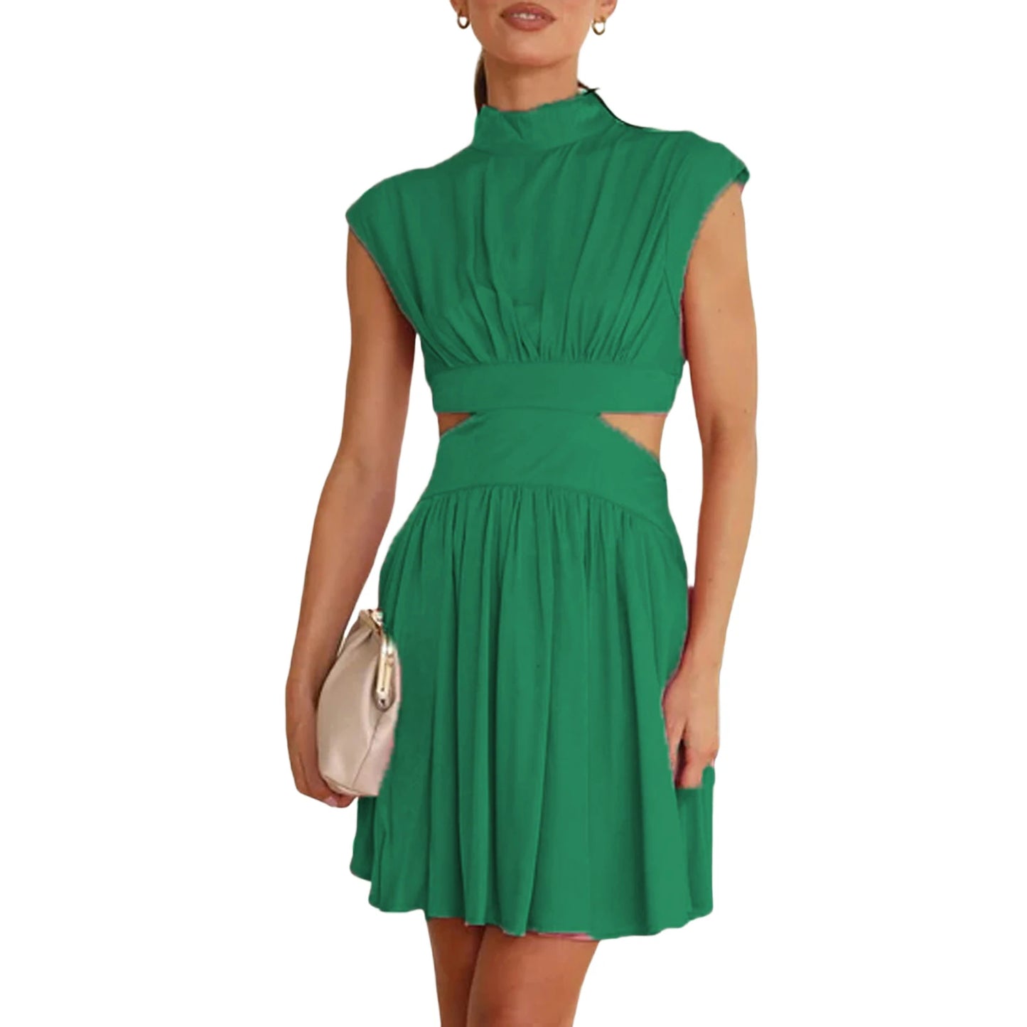 Summer Casual Dress Stand Collar  Cutout Pleated