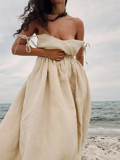 Casual Solid Color Long Dresses Sexy  Backless Party Pleated Dress