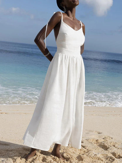 Casual Solid Color Long Dresses Sexy  Backless Party Pleated Dress