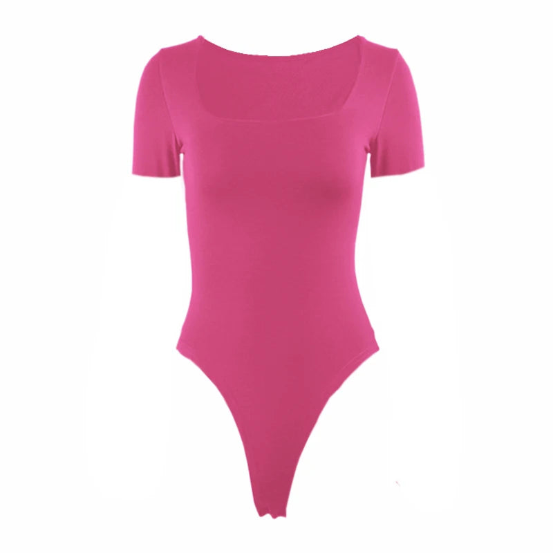 Short Sleeve Bodysuits  Square-Cut Collar Solid Bodycon