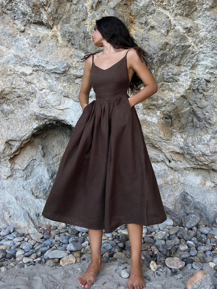 Casual Solid Color Long Dresses Sexy  Backless Party Pleated Dress