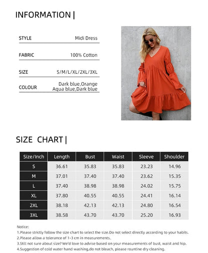 Casual Long Sleeve Dresses V Neck Loose Flowing Dress