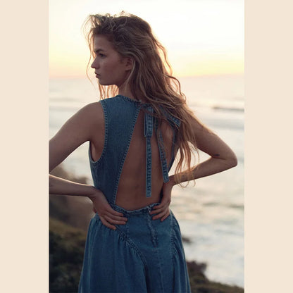 Casual Round Neck Lace Up Backless Denim Dress Sleeveless High Waist Loose Zipper