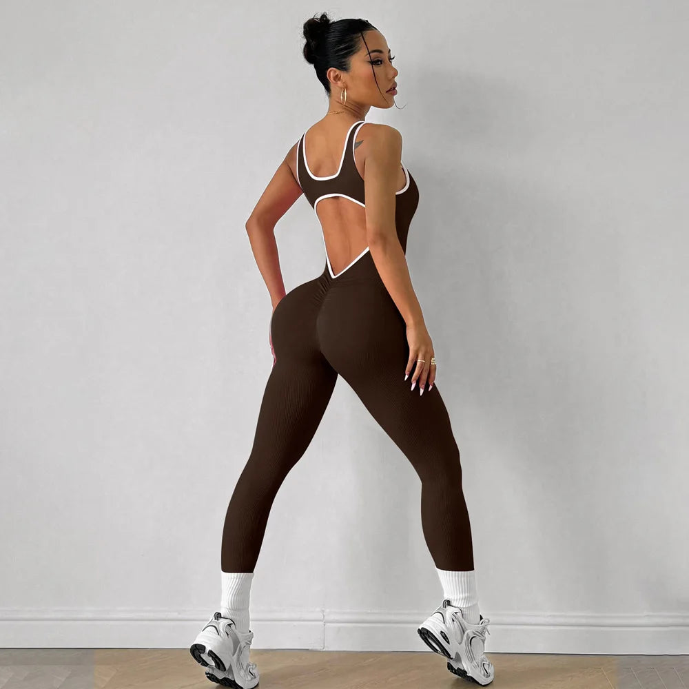 Back V Jumpsuit Fitness Rompers Stretch Workout Bodysuits