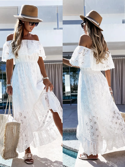 Long Dress Sexy Strapless Off The Shoulder Lace Tassel High Waist Big Hem Hollow Out