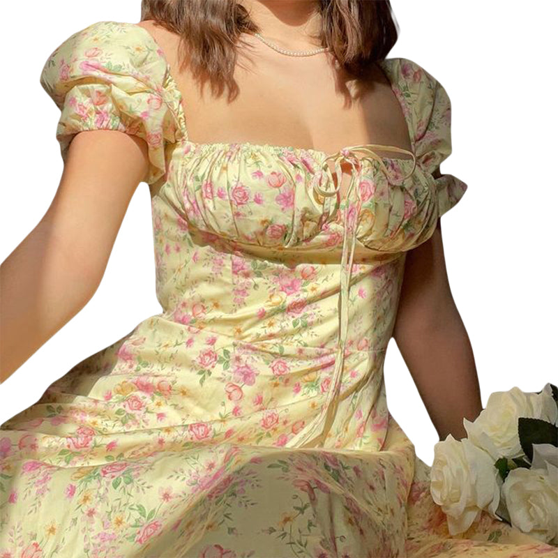 Maxi Dress with Puff Sleeves Lace-Up Detail Floral Print and High Side Split for a Stylish Look