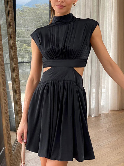 Summer Casual Dress Stand Collar  Cutout Pleated