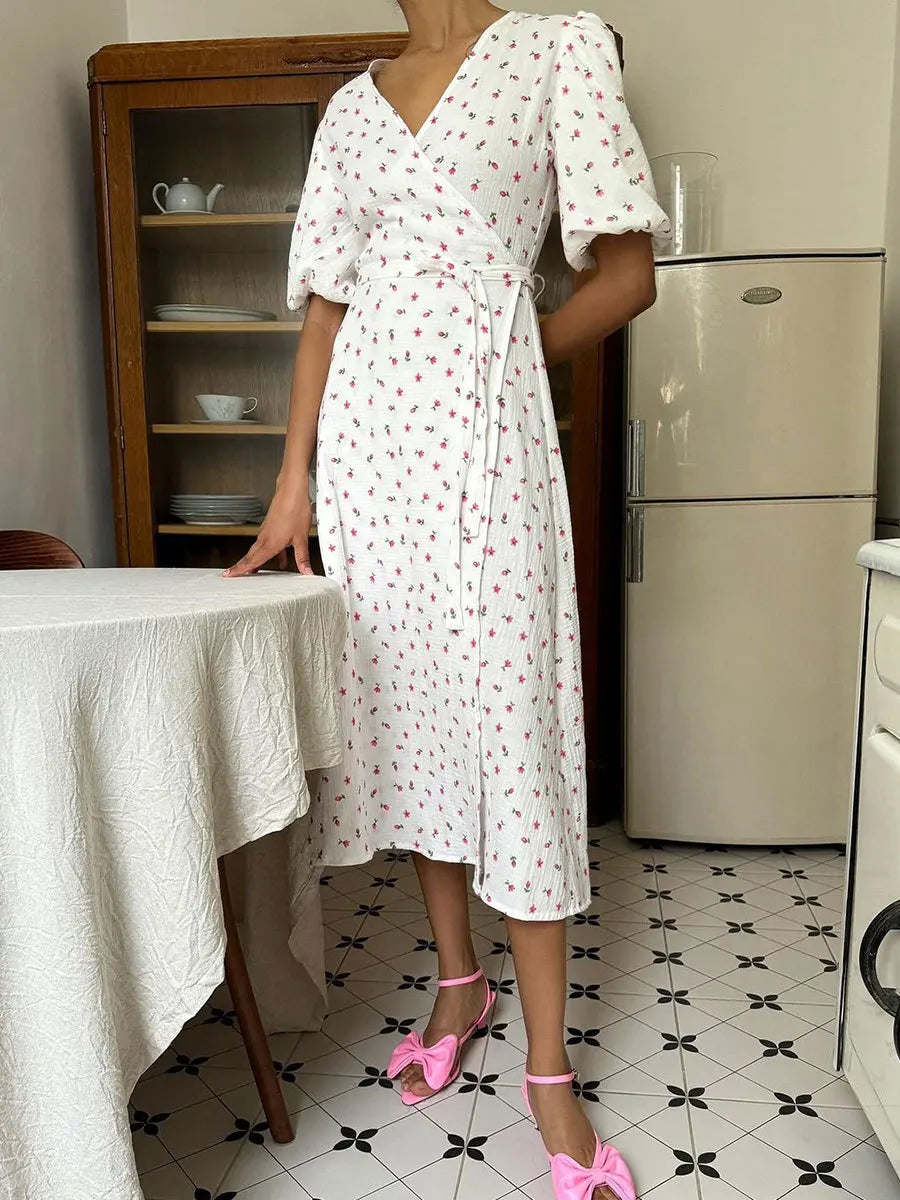 Casual Floral Printed Cotton Dress V-neck Short Sleeve Tunics Lace-up