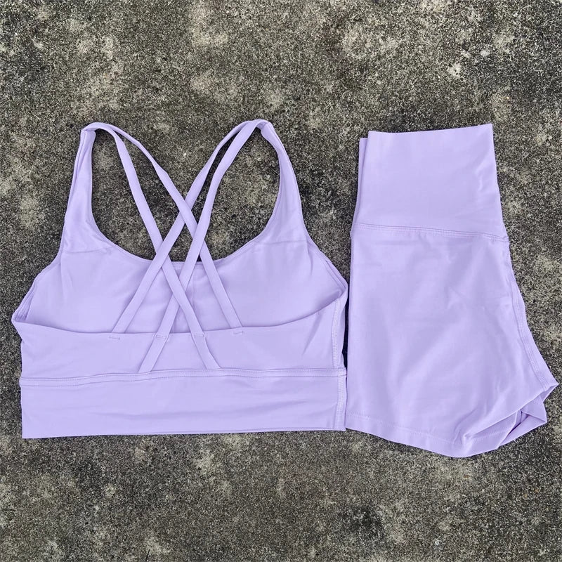 Yoga Set 2 Piece Cross Back Bra Top High Waist Shorts