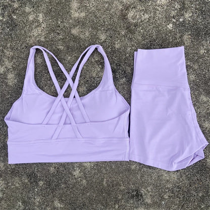 Yoga Set 2 Piece Cross Back Bra Top High Waist Shorts