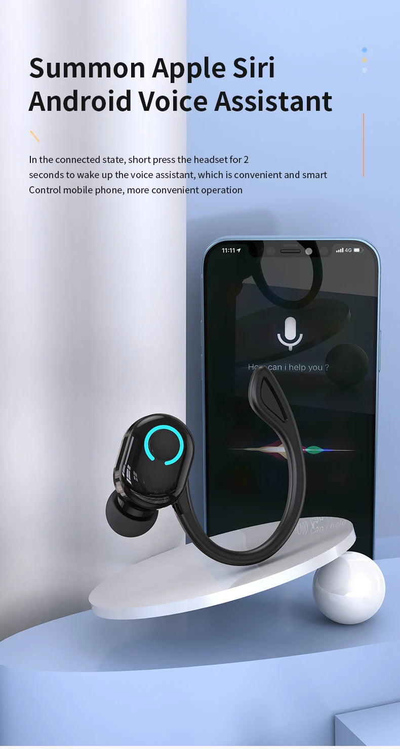 Wireless Bluetooth Earphones HIFI Bass With HD MIC Ear-Hook Earbuds Noise Cancelling Life Waterproof