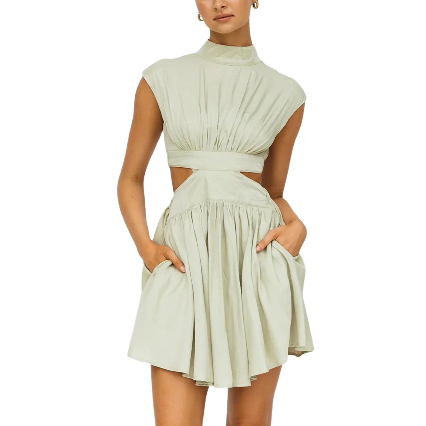 Summer Casual Dress Stand Collar  Cutout Pleated
