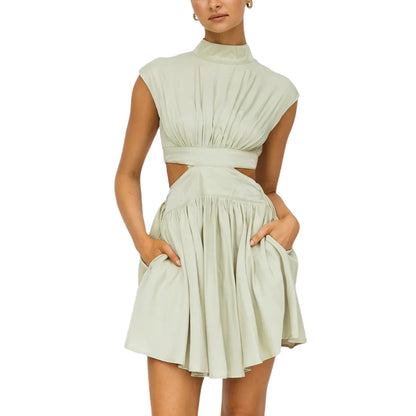 Summer Casual Dress Stand Collar  Cutout Pleated