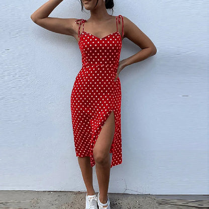 Polka Dot Sleeveless High Pleated elastic waist V-Neck  Dress