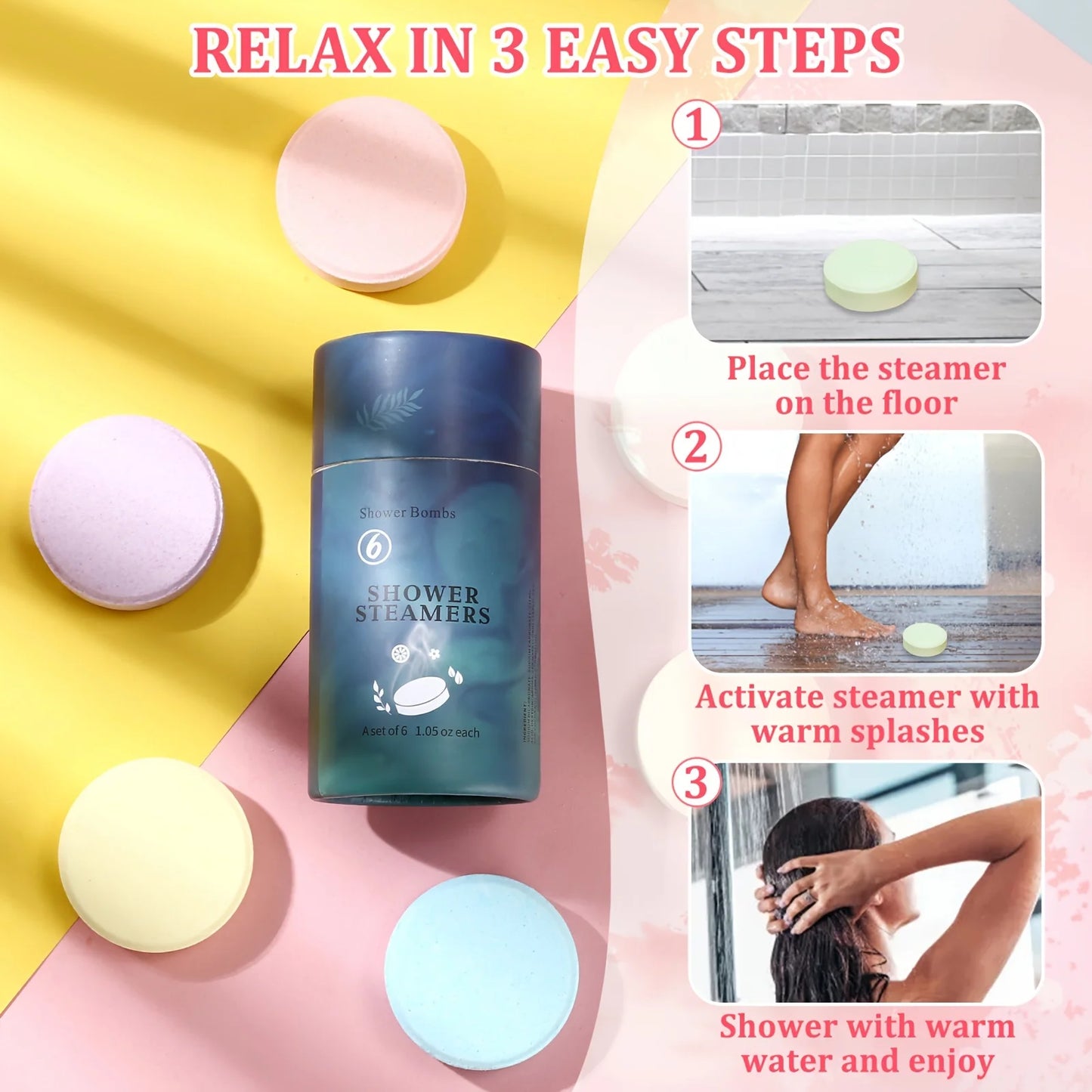 6-Pack Aromatherapy Shower Steamers 6 Scents Bath Bombs Self-Care Essential Oil