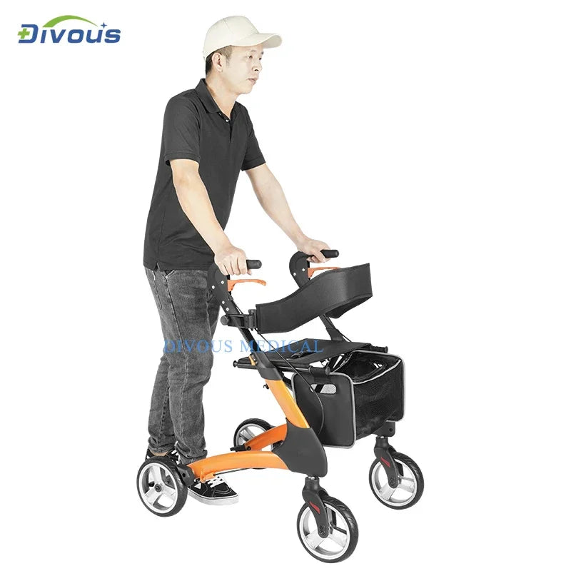 Outdoor 4 Wheels, Elderly Folding Rollator Walker with Hand Brakes, Seat for Disabled