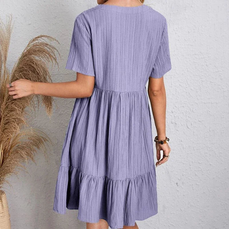 Loose V-neck Short Sleeved Pleated Women Dress