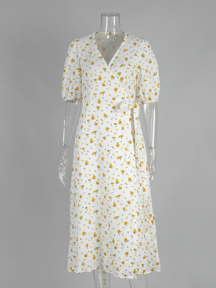 Casual Floral Printed Cotton Dress V-neck Short Sleeve Tunics Lace-up