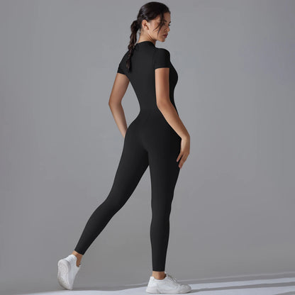 Yoga Set  Jumpsuits One-Piece Suit Zipper Short Sleeve